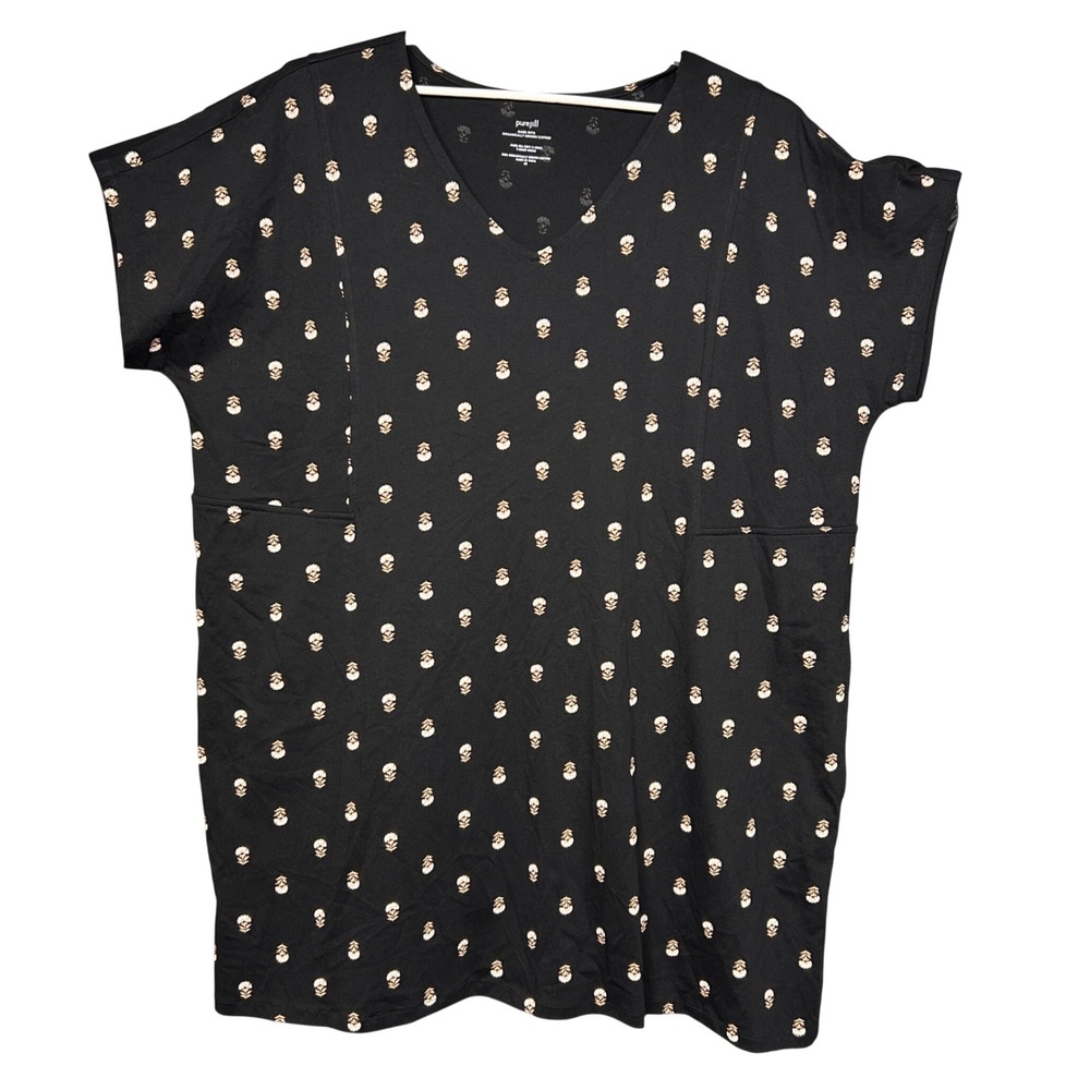Pure Jill T-Shirt Dress Women 3X Black Organic Cotton Floral V-Neck Casual Chic